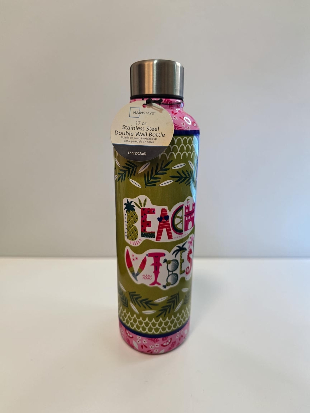 Mainstays 17 oz Stainless Steel Double Wall Water Bottle Beach Vibes NEW